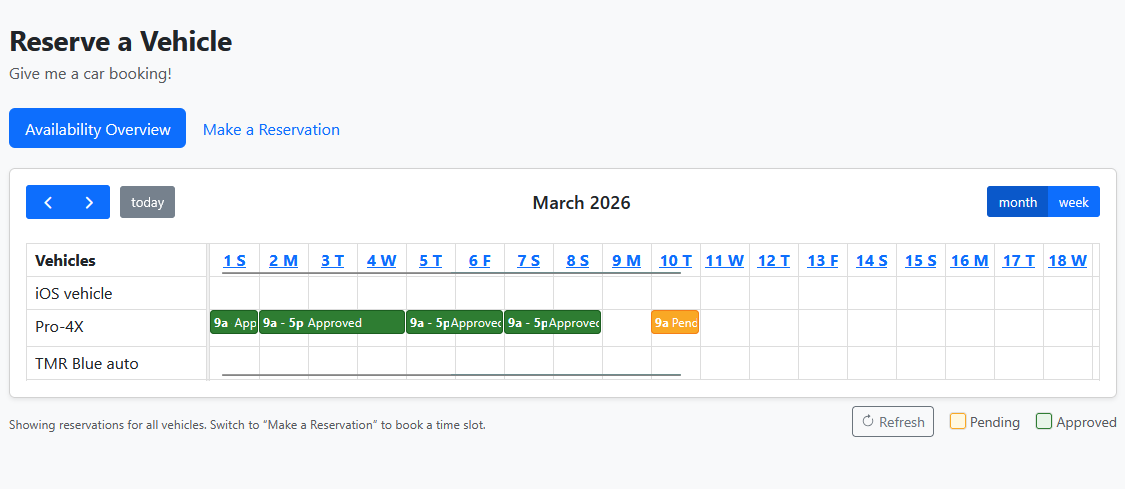 Availability Overview showing vehicle rows with amber pending periods and green approved periods.
