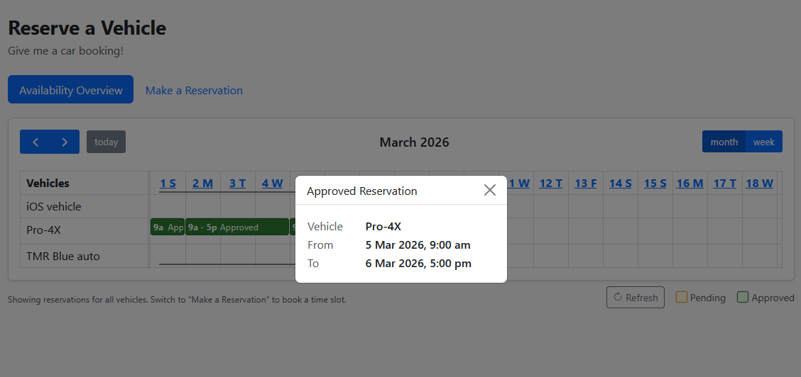 Reservation details dialog showing a vehicle, driver and approved start and end times.
