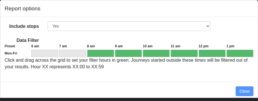 Journeys report options showing stopped-period inclusion and an example weekday start-hour filter.