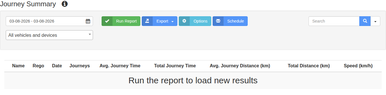 Journey Summary report tab showing date and vehicle filter controls.