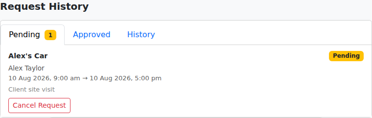 Request History showing a synthetic pending vehicle request and its Cancel Request button.