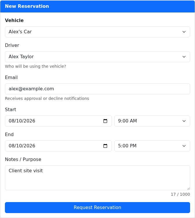 Public Reservation Portal form showing a synthetic vehicle, driver and local booking period.