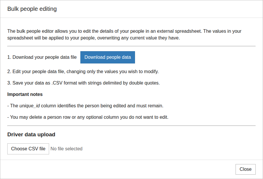 Bulk people editing dialog showing the data download instructions and CSV file chooser.