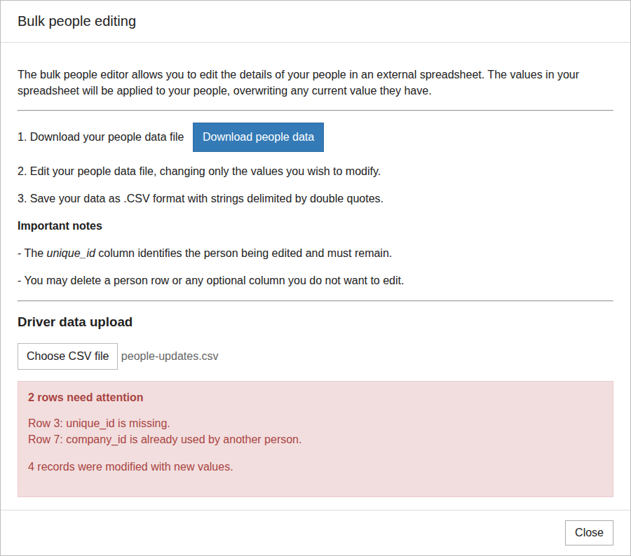 Bulk people editing result showing skipped rows and the number of records modified successfully.