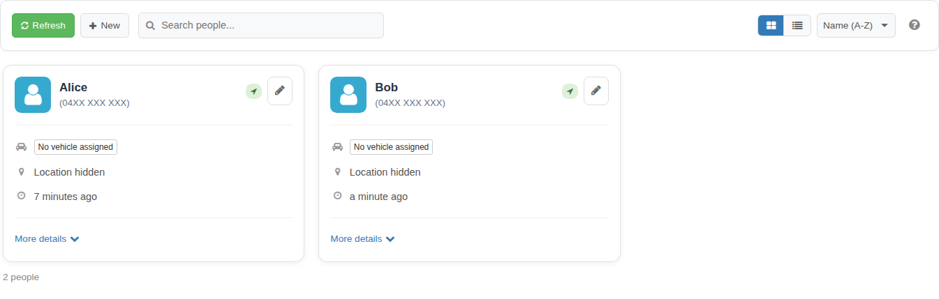 People page showing privacy-safe example team records before opening the bulk people editor.