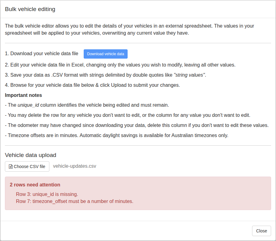 Bulk vehicle editing dialog showing example CSV row validation errors that must be corrected before re-uploading.