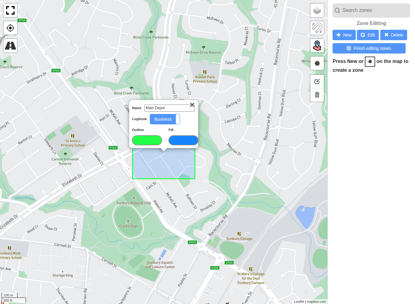 Map zone details showing the Logbook value set to Business.