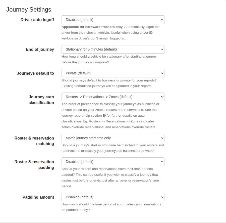 Journey Settings controls for default classification, precedence, roster and reservation matching, and padding.