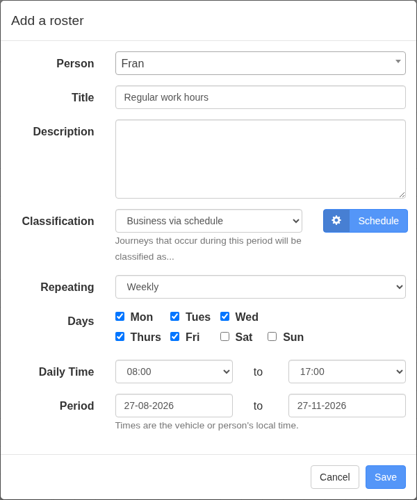 Weekly Monday-to-Friday roster using Business via schedule from 08:00 to 17:00 over a three-month period.