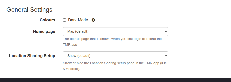General Settings controls for colour theme, home page and Location Sharing setup visibility.
