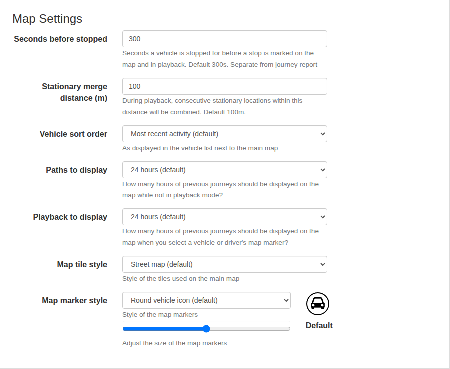 Map Settings controls for stops, history periods, tile style and vehicle marker appearance.
