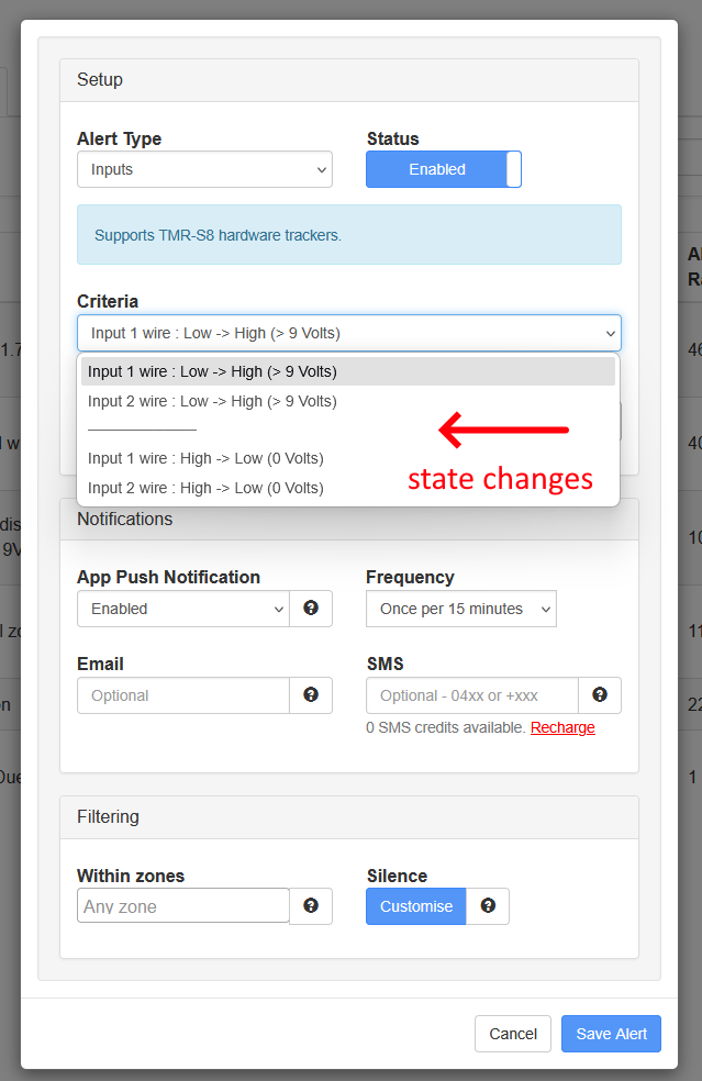 Input alert criteria listing low-to-high and high-to-low voltage transitions for both input wires.