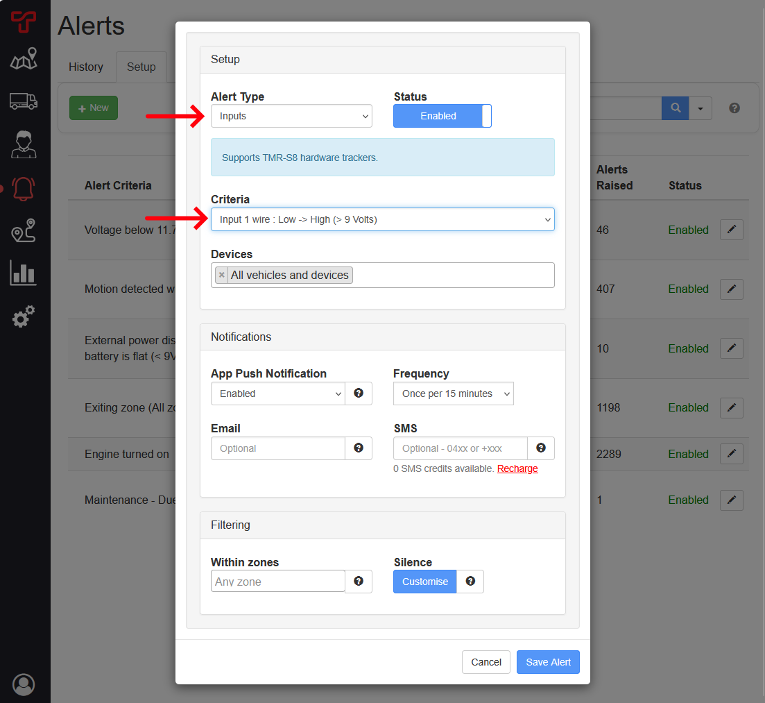 New alert editor configured with the Inputs alert type and an input transition criterion.