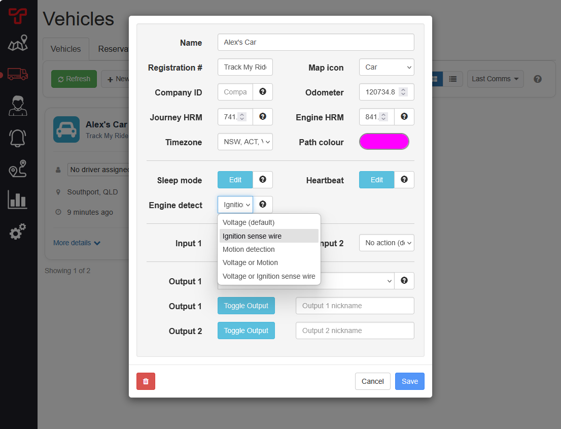 Vehicle editor listing the available engine detection methods for a compatible tracker.