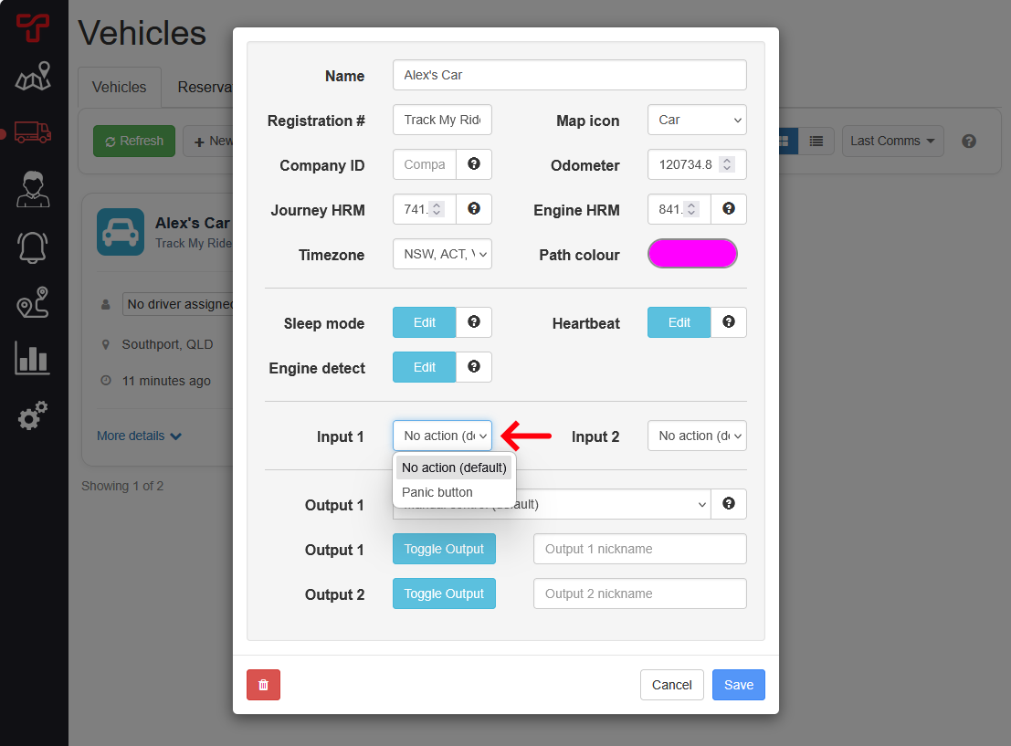 Vehicle editor assigning the Panic button action to Input 1.