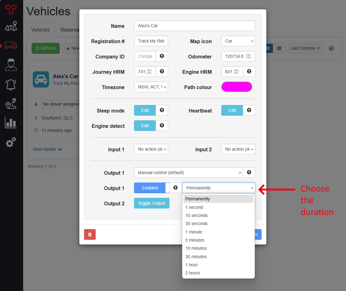 Vehicle editor selecting an enabled output state and a permanent or timed duration.