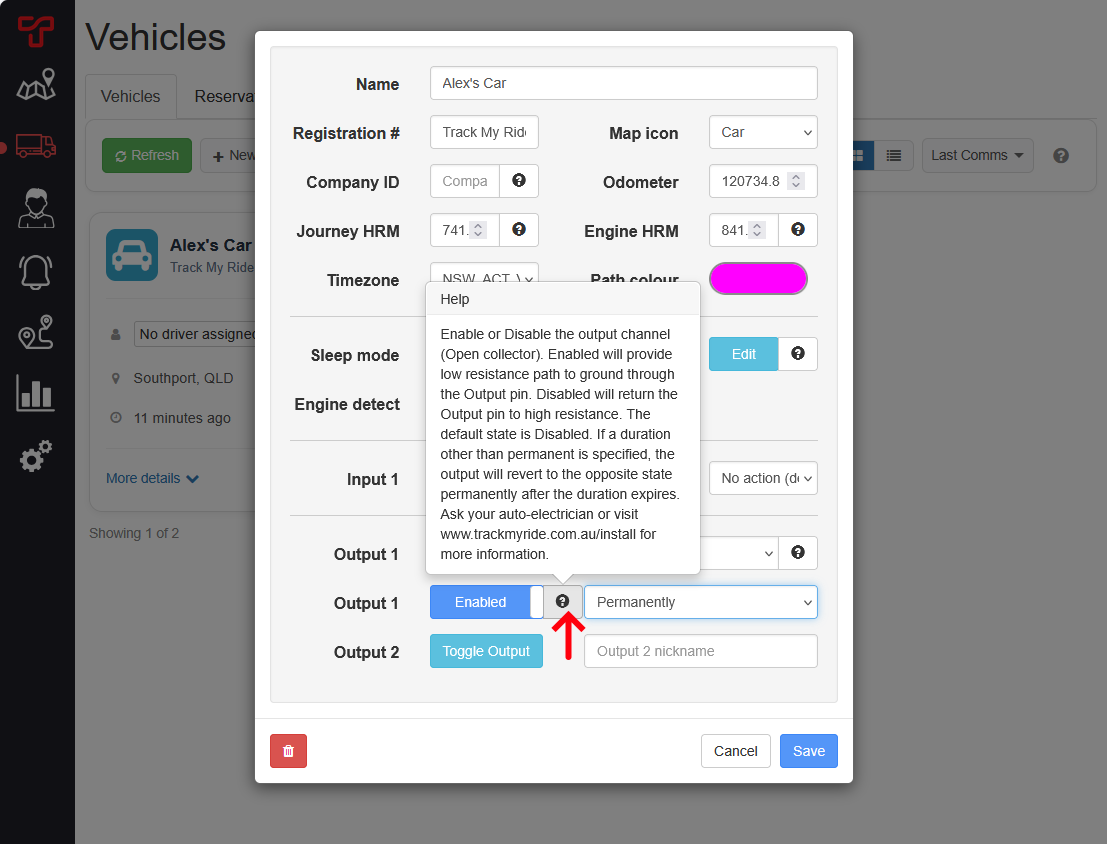 Output help explaining enabled and disabled open-collector states and timed reversion.