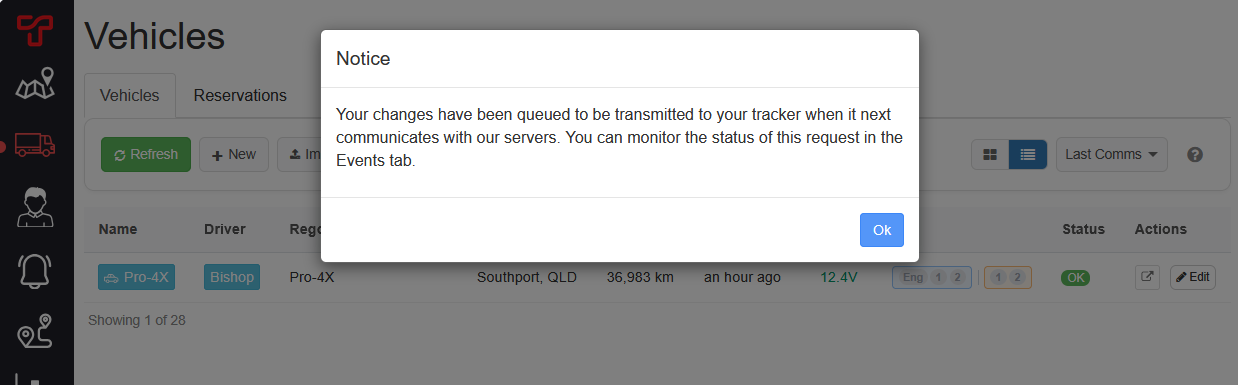 Notice confirming an output change is queued for transmission when the tracker next communicates.