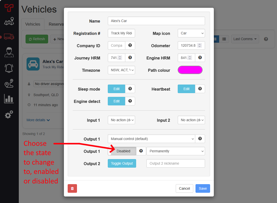 Vehicle editor showing Toggle Output buttons for Output 1 and Output 2.