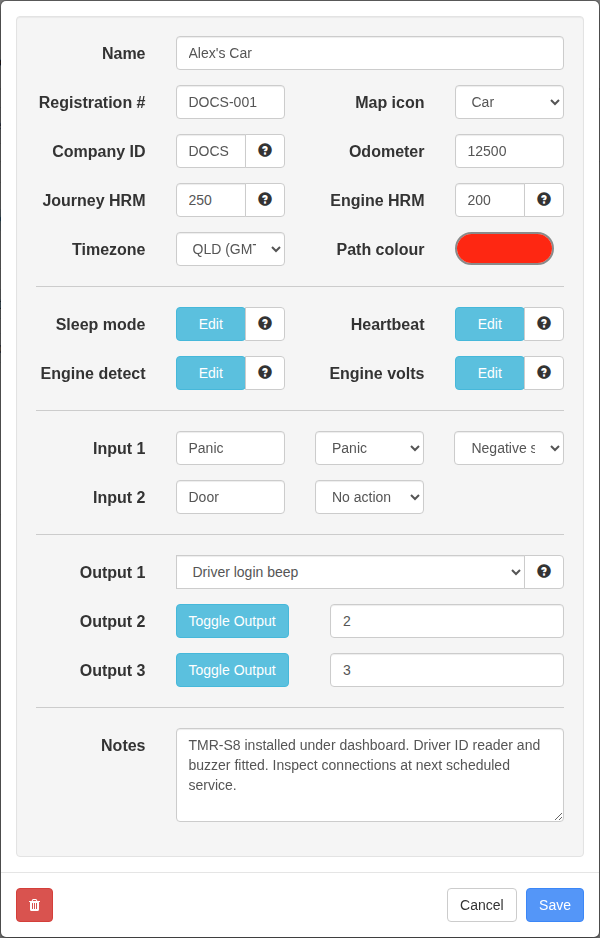 Vehicle editor showing engine detection, input nicknames and sensing, Driver login beep and output controls.