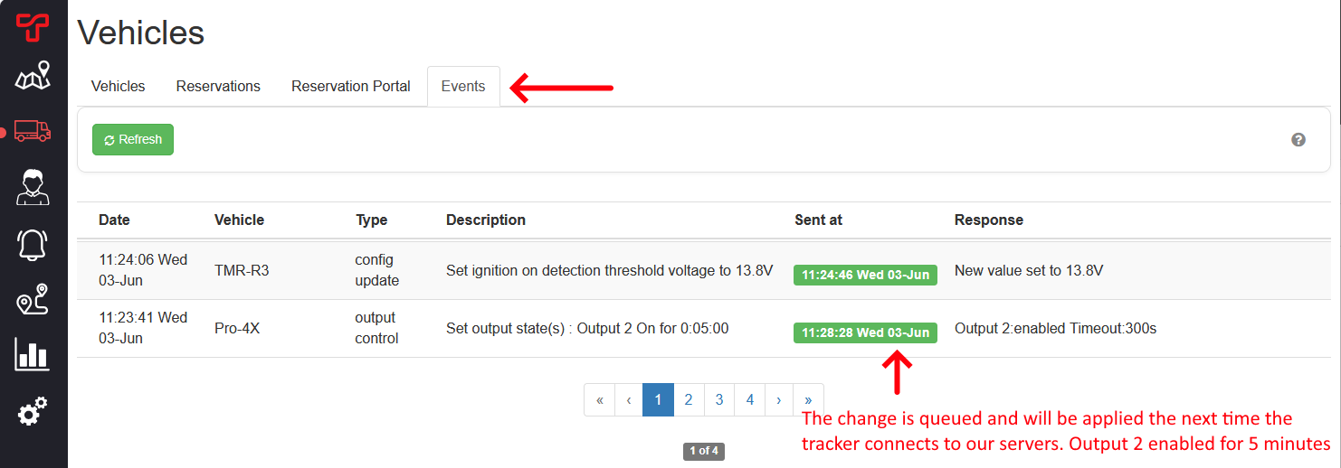 Vehicles Events tab showing a timed output control command, send time and tracker response.