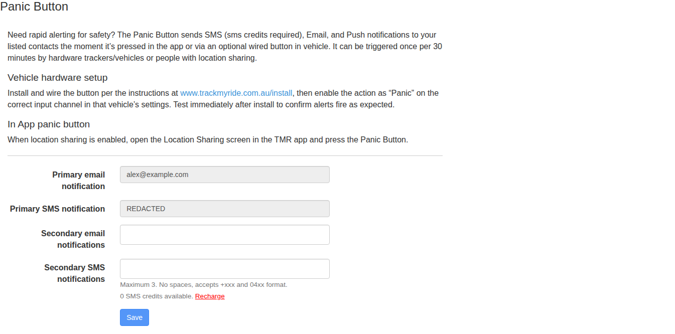 Panic Button tab showing notification contacts and available SMS credits.