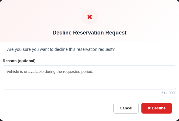 Decline Reservation Request dialog with an optional synthetic reason for the requester.
