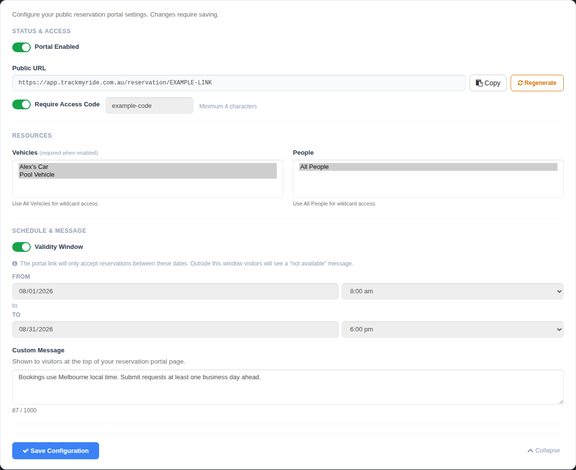 Privacy-safe Reservation Portal settings showing access, allowed resources, validity dates and visitor message.