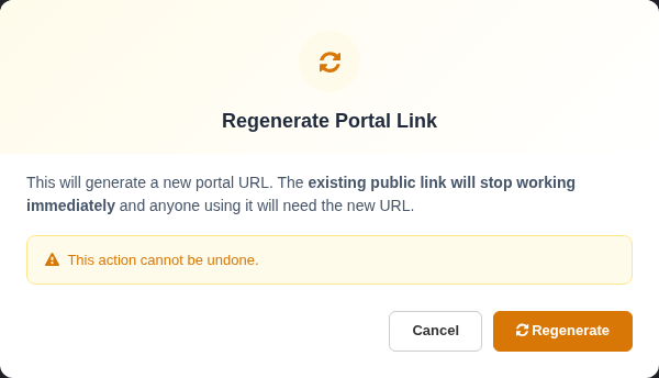 Regenerate Portal Link warning that the existing public link will stop working immediately.