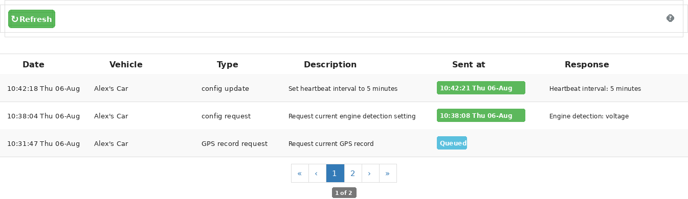 Events tab showing hardware tracker command dates, types, send status and responses.