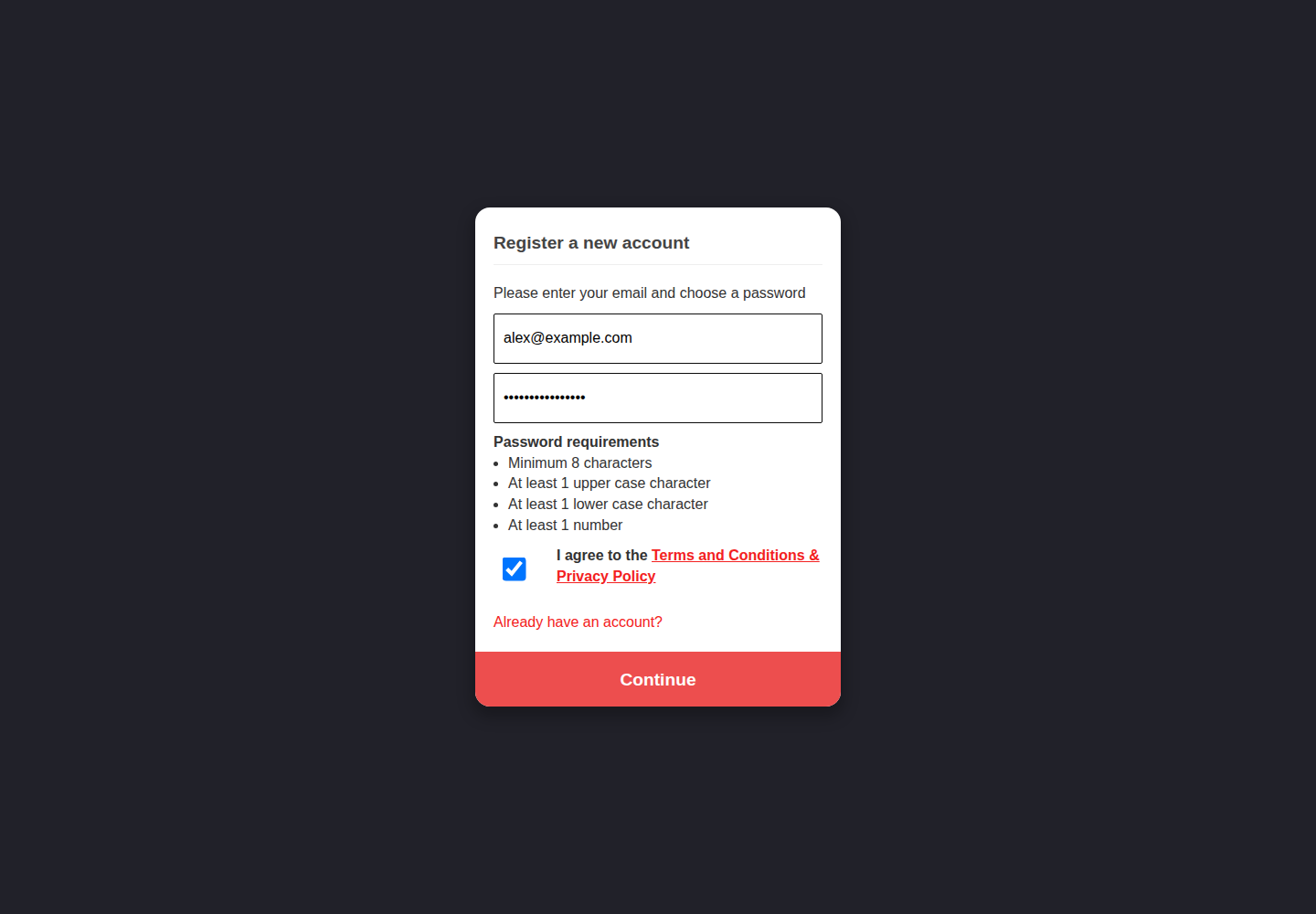 Registration form for entering an email address, password and agreement to the terms.