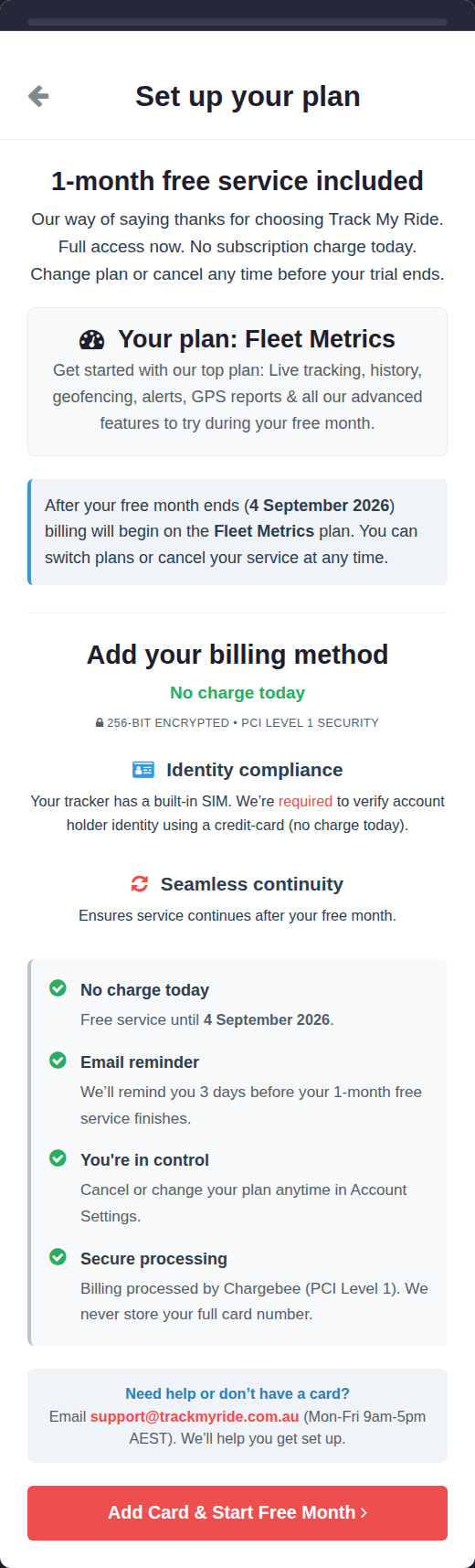 Set up your plan screen showing the available offer, first billing date and billing method information.