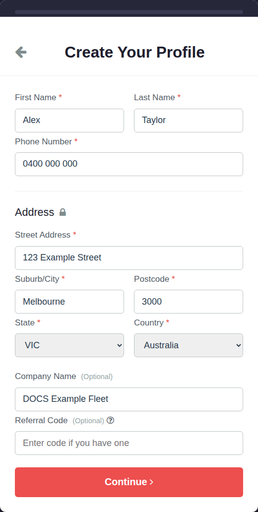 Create Your Profile screen with account holder contact and billing address fields.