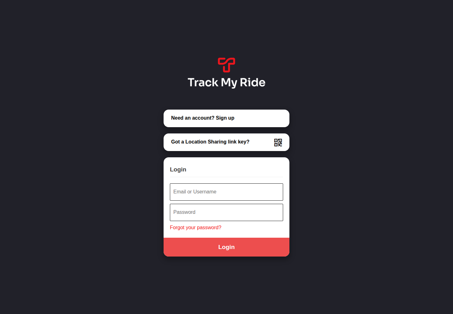 Track My Ride login screen with the Need an account Sign up option above the login form.
