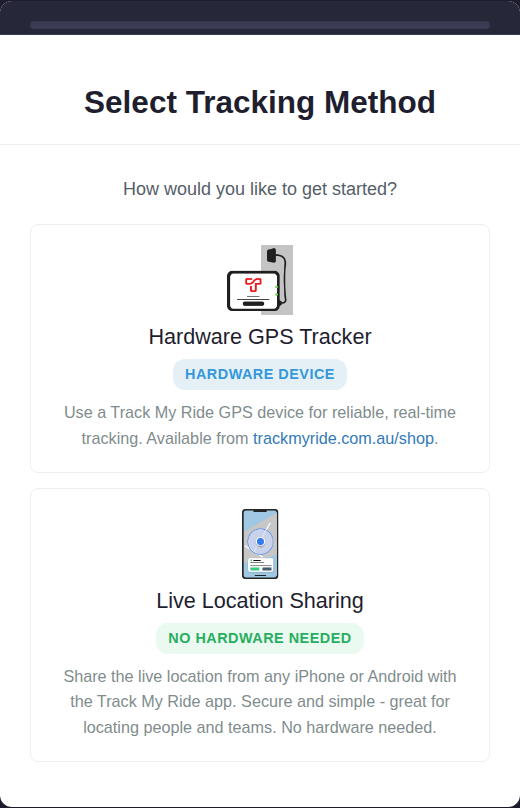 Choose how to track screen with hardware tracker and live location sharing choices.