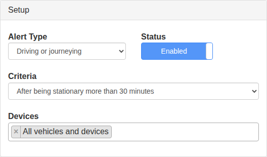 New alert setup panel for choosing an alert type, criteria and monitored devices.