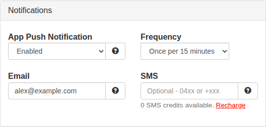 New alert notification panel with app push, frequency, email and SMS controls.