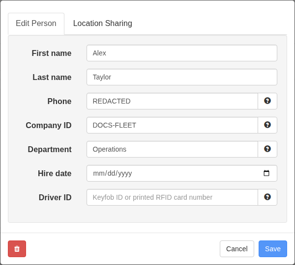 Person editor showing identity, Driver ID and Location Sharing tabs.