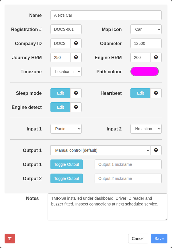 Vehicle editor showing identity, operating totals, input nicknames and the TMR-S8 Driver login beep mode.