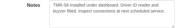 Vehicle editor Notes field containing synthetic installation and service information.
