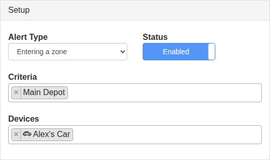 New alert setup panel configured for a zone entry alert and one vehicle.