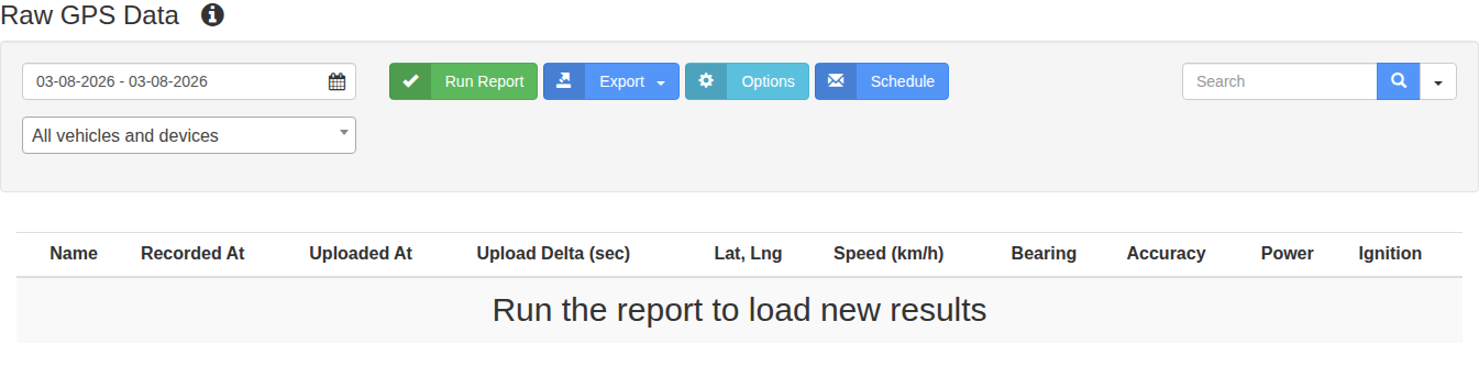 Raw GPS Data report tab showing date and vehicle filter controls.