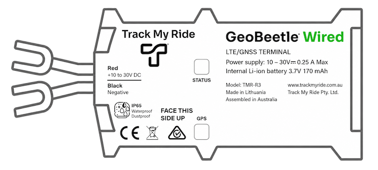 Line-art view of the GeoBeetle Wired TMR-R3 tracker and its fixed power leads.