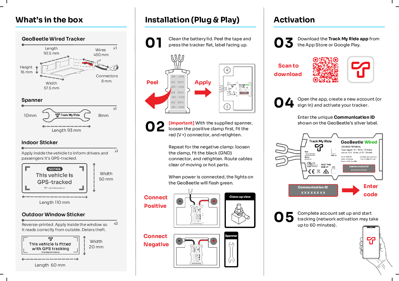 GeoBeetle Wired mounting, battery connection and activation steps.