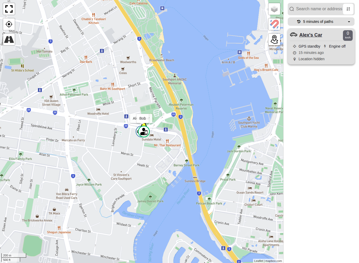 Live map showing one activated vehicle with a recent position status and short test route.
