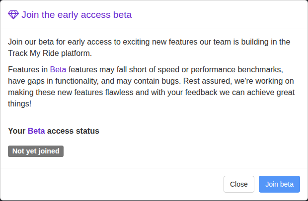 Early access dialog showing the beta risk notice current status and Join beta action.