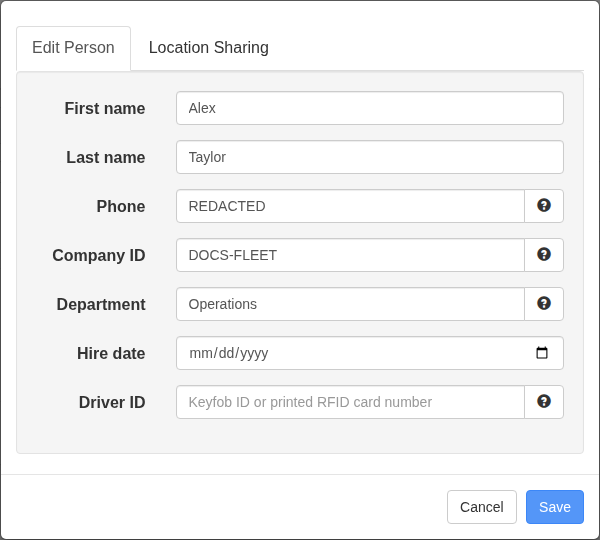 Add person form showing identity, contact, organisation, Driver ID and vehicle assignment controls.