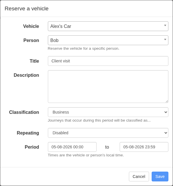 New vehicle reservation form showing vehicle, person, title, classification, recurrence and date controls.