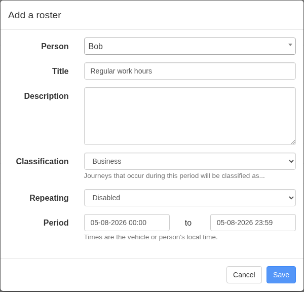 New work roster form showing person, title, classification, recurrence and shift date controls.