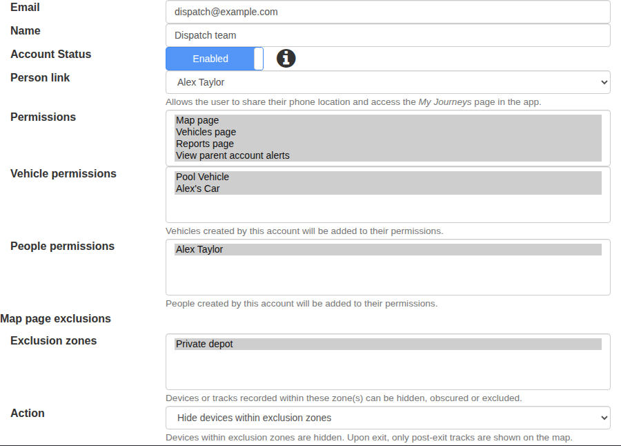 Sub-account editor showing example page vehicle people and exclusion-zone privacy permissions.